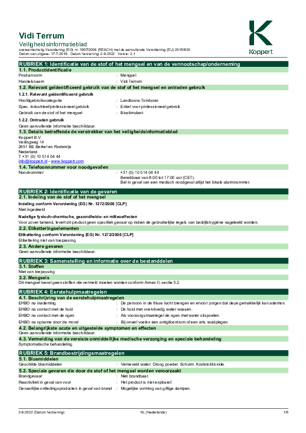 Vidi Terrum - Veiligheidsinformatieblad