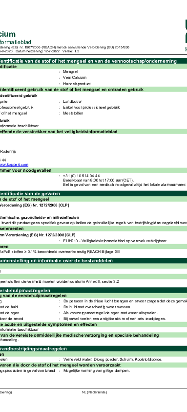 Veni Calcium - Veiligheidsinformatieblad