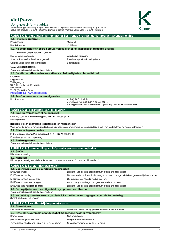 Vidi Parva - Veiligheidsinformatieblad