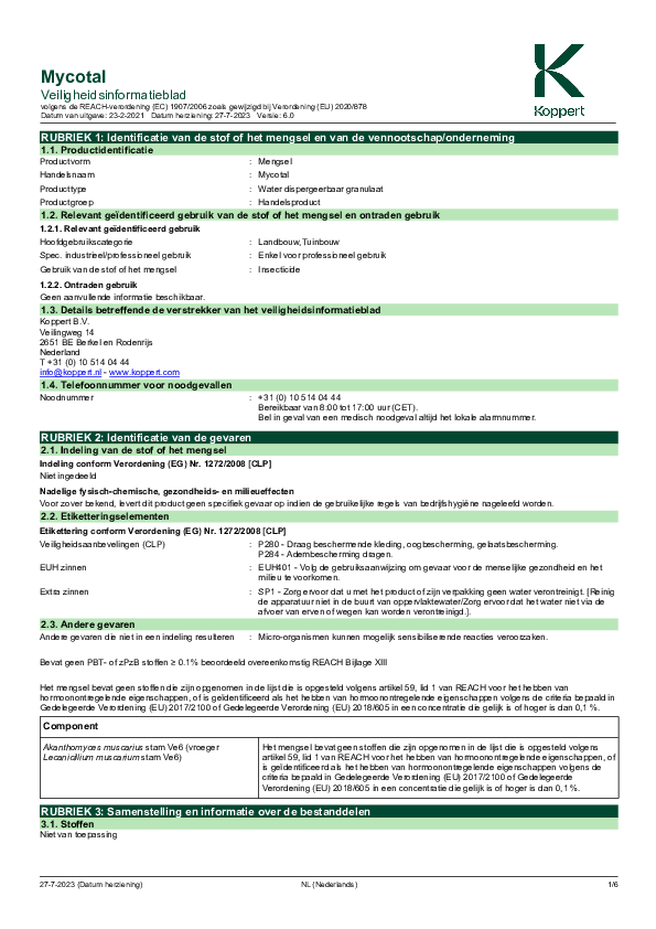 Mycotal - Veiligheidsinformatieblad
